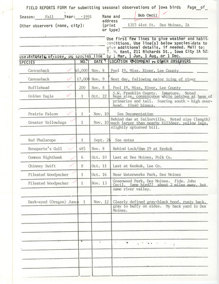 List of birds and locations contributed by Robert I. Cecil. This item was used as supporting documentation for the Iowa Ornithologists' Union Quarterly field report of fall 1991.