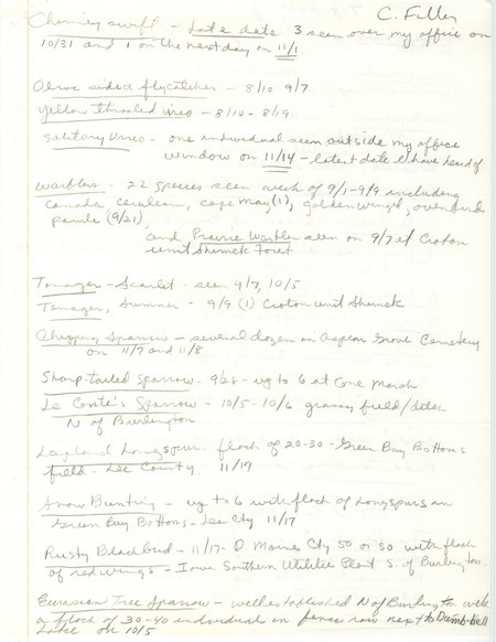 List of birds and locations contributed by Charles Fuller. This item was used as supporting documentation for the Iowa Ornithologists' Union Quarterly field report of fall 1991.