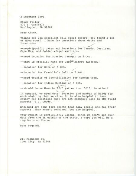 Letter from Thomas H. Kent to Charles Fuller requesting additional field report information including dates and location clarifications. This item was used as supporting documentation for the Iowa Ornithologists' Union Quarterly field report of fall 1991.
