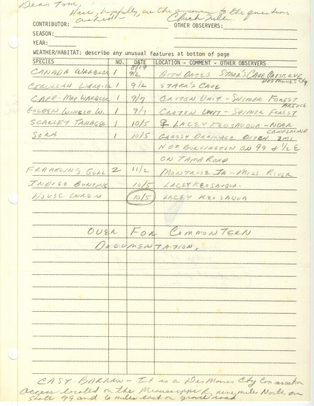 Field notes from Charles Fuller responding to questions from Thomas H. Kent regarding dates and sighting location clarifications. This item was used as supporting documentation for the Iowa Ornithologists' Union Quarterly field report of fall 1991.