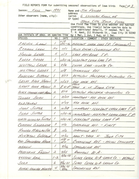 List of birds and locations contributed by James L. Fuller. This item was used as supporting documentation for the Iowa Ornithologists' Union Quarterly field report of fall 1991.