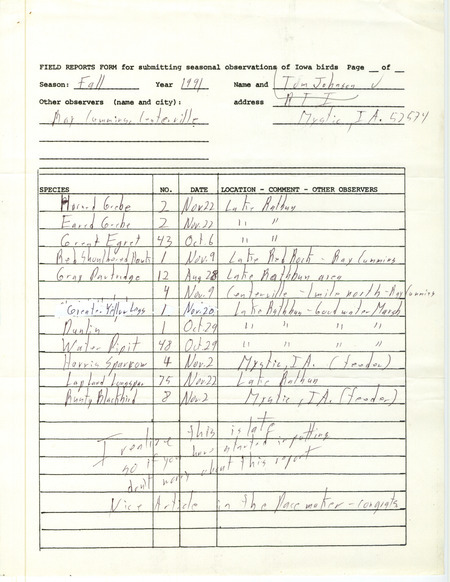 List of birds and locations contributed by Tom Johnson with observer Raymond L. Cummins. This item was used as supporting documentation for the Iowa Ornithologists' Union Quarterly field report of fall 1991.