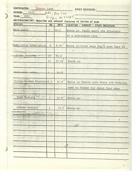 List of birds and locations contributed by Sharon Laub. This item was used as supporting documentation for the Iowa Ornithologists' Union Quarterly field report of fall 1991.