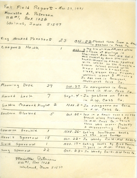 List of birds and locations contributed by Marietta Petersen. The field notes include a detailed description of a Cooper's Hawk. This item was used as supporting documentation for the Iowa Ornithologists' Union Quarterly field report of fall 1991.