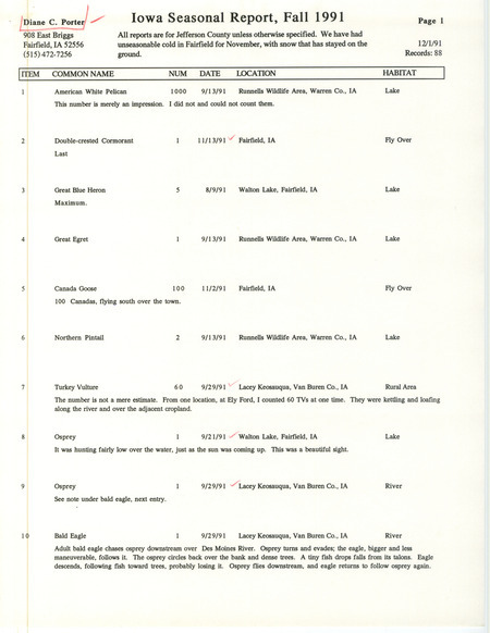 List of birds and locations contributed by Diane C. Porter. The report includes descriptions of several birds. This item was used as supporting documentation for the Iowa Ornithologists' Union Quarterly field report of fall 1991.