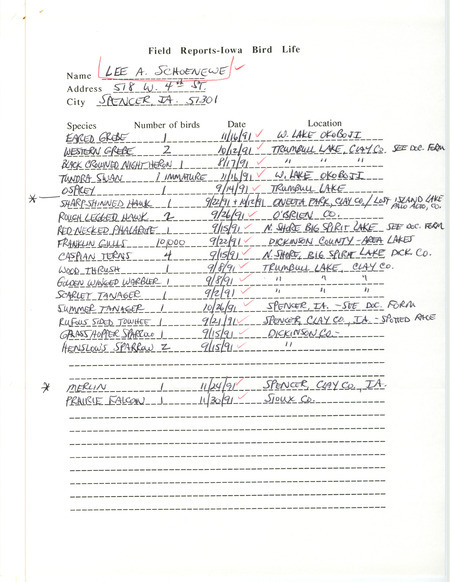 List of birds and locations contributed by Lee A. Schoenewe. This item was used as supporting documentation for the Iowa Ornithologists' Union Quarterly field report of fall 1991.