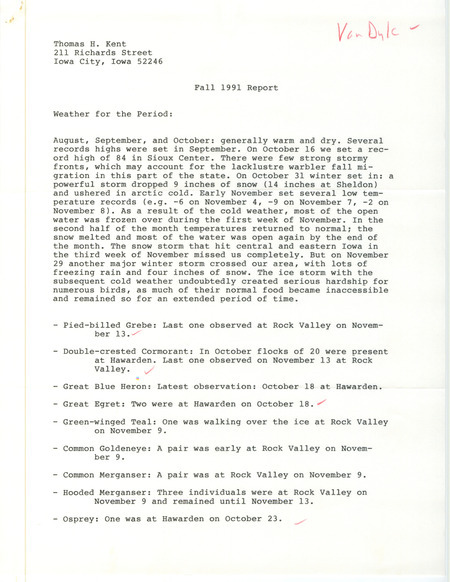 Field notes contributed by John Van Dyk in a letter to Thomas H. Kent. The field notes include a detailed description of the Prairie Falcon. This item was used as supporting documentation for the Iowa Ornithologists' Union Quarterly field report of fall 1991.