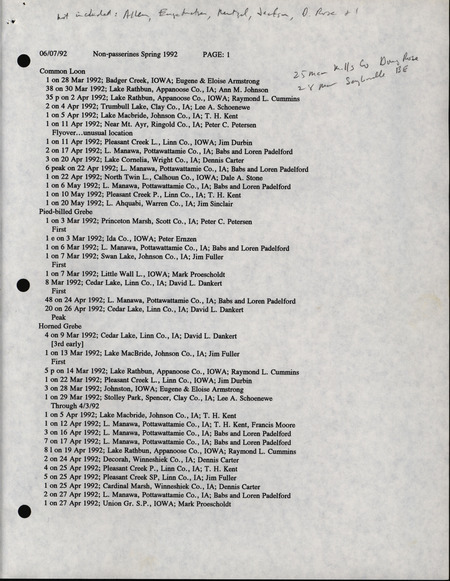 List of birds and locations contributed by the Iowa Ornithologists' Union. This item was used as supporting documentation for the Iowa Ornithologists' Union Quarterly field report of spring 1992.