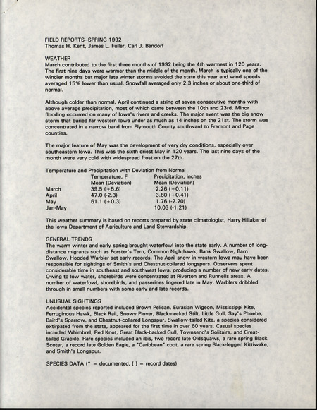 Quarterly field report for the spring of 1992 titled "Field Reports--spring 1992."