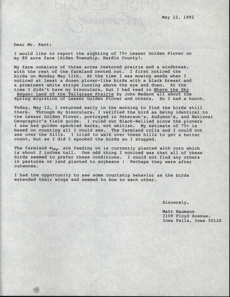 Field notes contributed by Matt Baumann. The field notes include detailed information on the sighting of several American Golden-Plovers near Alden Township in Hardin county. This item was used as supporting documentation for the Iowa Ornithologists' Union Quarterly field report of spring 1992.