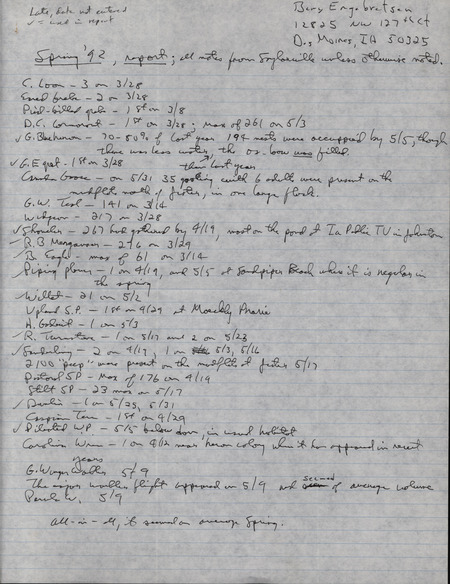List of birds and locations contributed by Bery Engebretsen. This item was submitted past the deadline for the Iowa Ornithologists' Union Quarterly Report of spring 1992.
