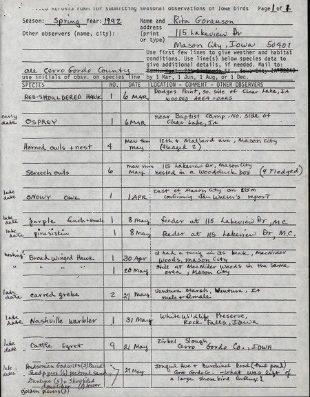 List of birds and locations contributed by Rita Goranson. This item was used as supporting documentation for the Iowa Ornithologists' Union Quarterly field report of spring 1992.
