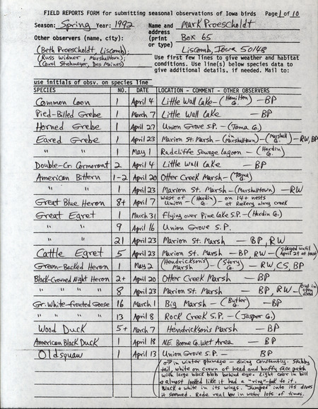 List of birds and locations contributed by Mark Proescholdt with observers Beth Proescholdt, Russ Widner, Carol Strohmeyer, Ann Johnson and others. This item was used as supporting documentation for the Iowa Ornithologists' Union Quarterly field report of spring 1992.