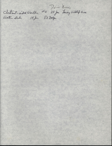 Summer report of a Chestnut-sided Warbler sighting and a Western Grebe sighting contributed by Darwin Koenig. This item was used as supporting documentation for the Iowa Ornithologists' Union Quarterly field report of summer 1992.