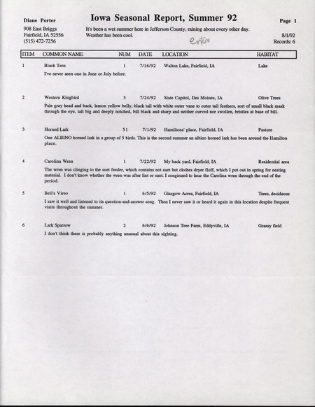 Summer report of birds and locations contributed by Diane C. Porter, August 1, 1992. This item was used as supporting documentation for the Iowa Ornithologists' Union Quarterly field report of summer 1992.