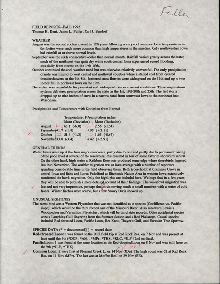 Quarterly field report for the fall of 1992 compiled by Thomas H. Kent, James L. Fuller and Carl J. Bendorf.