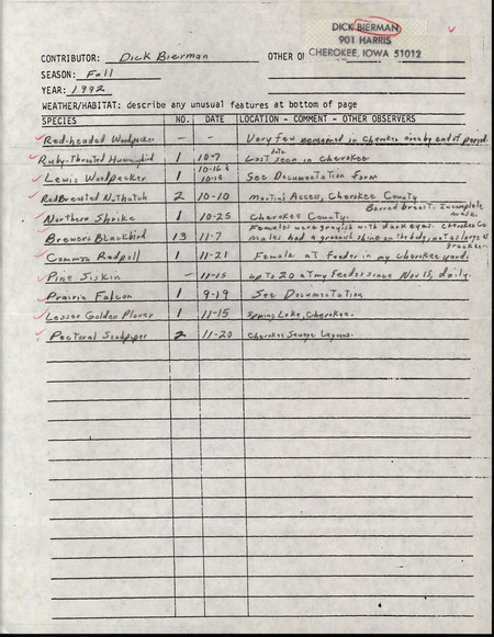 Fall report of birds found in and around Cherokee County contributed by Dick Bierman. This item was used as supporting documentation for the Iowa Ornithologists' Union Quarterly field report of fall 1992.