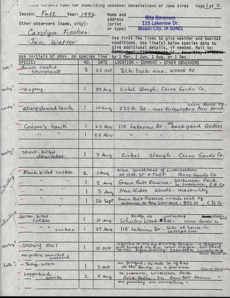 Fall report of birds found in and around Cerro Gordo County contributed by Rita Goranson. This item was used as supporting documentation for the Iowa Ornithologists' Union Quarterly field report of summer 1992.