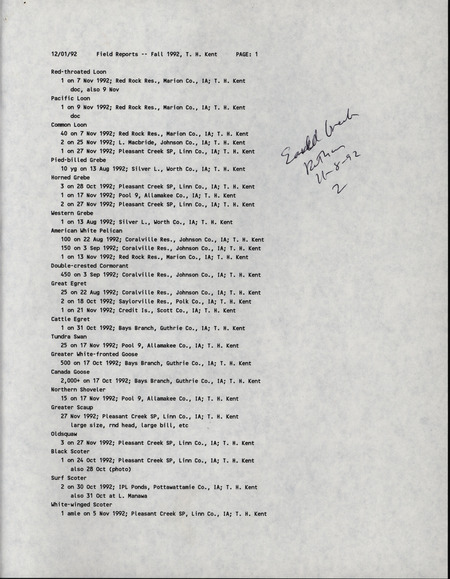 Fall report of birds and locations contributed by Thomas H. Kent, December 1, 1992. This item was used as supporting documentation for the Iowa Ornithologists' Union Quarterly field report of fall 1992.