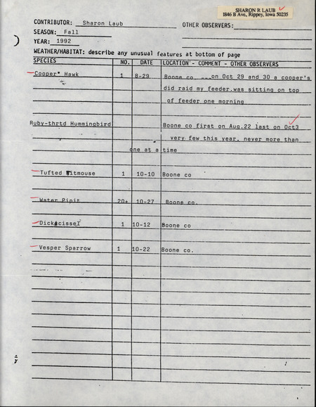 Fall report of birds found in Boone County contributed by Sharon Laub. This item was used as supporting documentation for the Iowa Ornithologists' Union Quarterly field report of fall 1992.