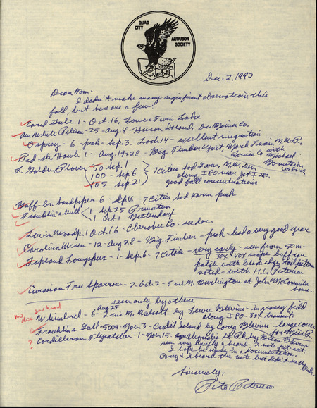 Letter from Peter C. Petersen to Thomas H. Kent regarding fall bird sightings, December 2, 1992. This item was used as supporting documentation for the Iowa Ornithologists' Union Quarterly field report of fall 1992.