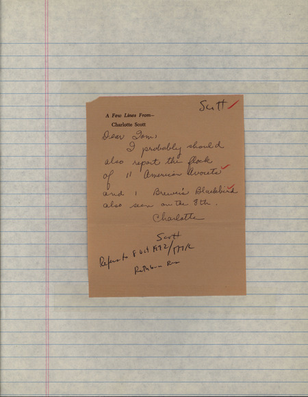 Letter from Charlotte Scott to Thomas H. Kent regarding sightings of American Avocets and a Brewer's Blackbird. This item was used as supporting documentation for the Iowa Ornithologists' Union Quarterly field report of fall 1992.