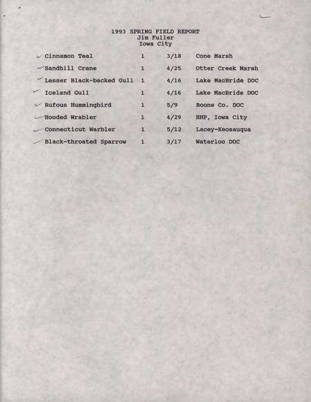 An annotated list of birds sighted by Jim Fuller. This item was used as supporting documentation for the Iowa Ornithologists' Union Quarterly field report of Spring 1993.