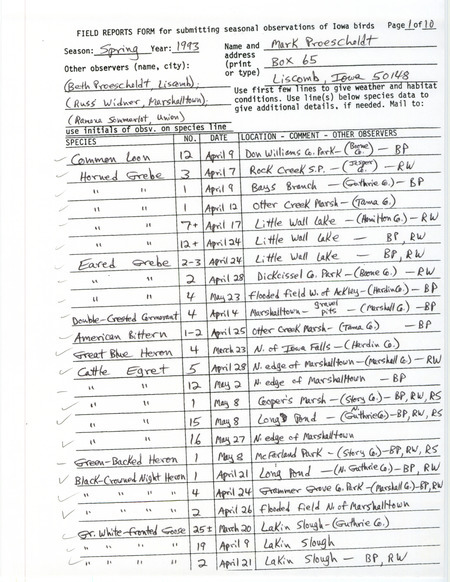 An annotated list of birds sighted by Mark Proescholdt and three others. This item was used as supporting documentation for the Iowa Ornithologists' Union Quarterly field report of Spring 1993.