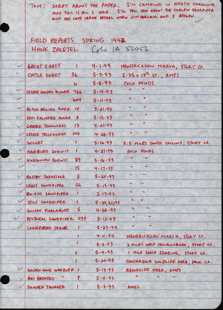 An annotated list of birds sighted by Hank Zaletel. This item was used as supporting documentation for the Iowa Ornithologists' Union Quarterly field report of Spring 1993.