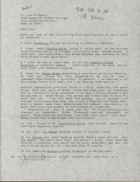 Letter from Neil Bernstein to James J. Dinsmore regarding summer bird sightings in northwest Iowa. This item was used as supporting documentation for the Iowa Ornithologists' Union Quarterly field report of summer 1993.