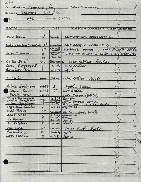 Summer report of birds found in Appanoose County and Wayne County contributed by Raymond L. Cummins. This item was used as supporting documentation for the Iowa Ornithologists' Union Quarterly field report of summer 1993.