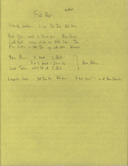 Summer report of birds and locations contributed by multiple observers. This item was used as supporting documentation for the Iowa Ornithologists' Union Quarterly field report of summer 1993.