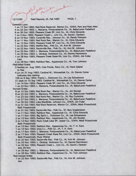An annotated list of bird sightings organized by species, December 12, 1993. The list also contains the number of birds seen, date of sighting, location, and observer of each species. This item was used as supporting documentation for the Iowa Ornithologists' Union Quarterly field report of fall 1993.