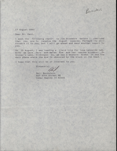 Letter from Neil Bernstein to Thomas H. Kent regarding a Western Grebe sighting, August 17, 1993. This item was used as supporting documentation for the Iowa Ornithologists' Union Quarterly field report of fall 1993.
