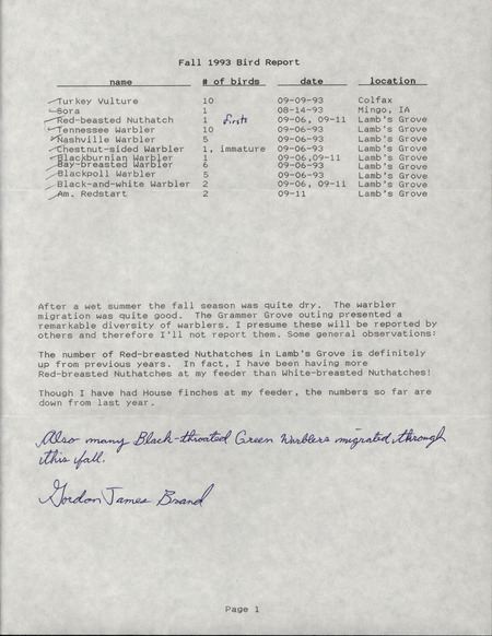 Fall report of birds found in Jasper County contributed by Gordon James Brand. This item was used as supporting documentation for the Iowa Ornithologists' Union Quarterly field report of summer 1993.