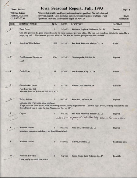 Fall report of birds and locations contributed by Diane C. Porter. This item was used as supporting documentation for the Iowa Ornithologists' Union Quarterly field report of fall 1993.