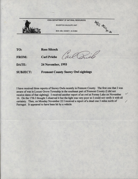 Letter from Carl Priebe to W. Ross Silcock regarding Fremont County Snowy Owl sightings, November 24, 1993. This item was used as supporting documentation for the Iowa Ornithologists' Union Quarterly field report of fall 1993.