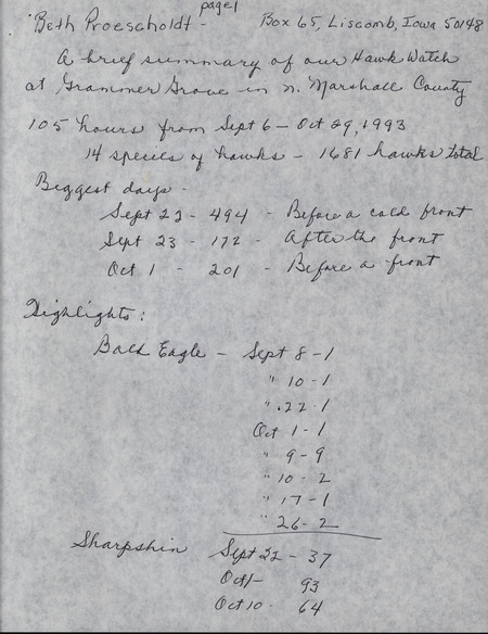 Fall report of a Hawk watch conducted at Grammar Grove County Wildlife Area contributed by Beth Proescholdt. A total of 14 species of Hawks and 1681 Hawks total were seen during the time period from September 6 through October 29, 1993. This item was used as supporting documentation for the Iowa Ornithologists' Union Quarterly field report of fall 1993.