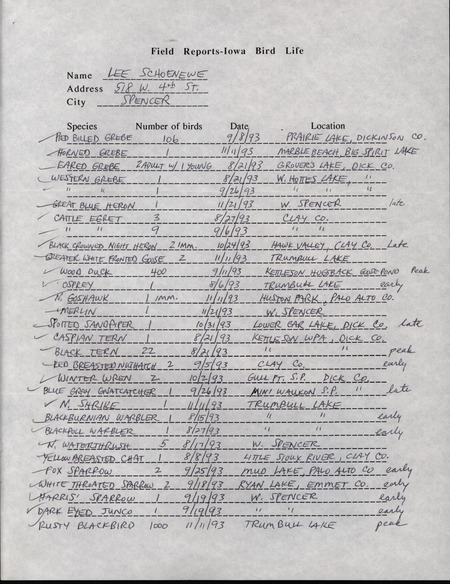Fall report of birds found in northwest Iowa contributed by Lee A. Schoenewe. This item was used as supporting documentation for the Iowa Ornithologists' Union Quarterly field report of fall 1993.