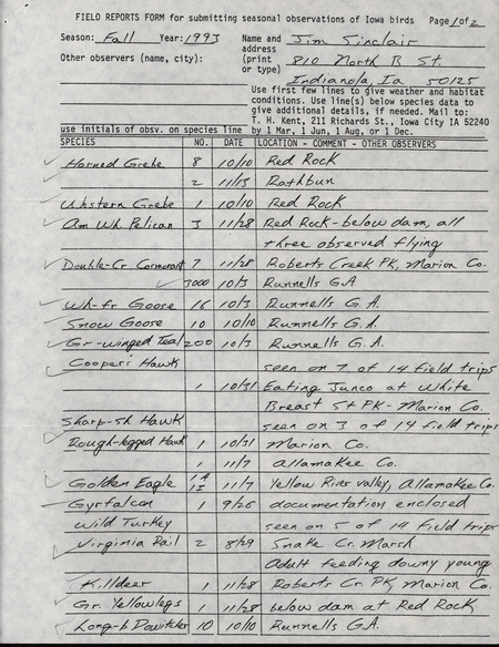 Fall report of birds and locations contributed by Jim Sinclair. This item was used as supporting documentation for the Iowa Ornithologists' Union Quarterly field report of fall 1993.