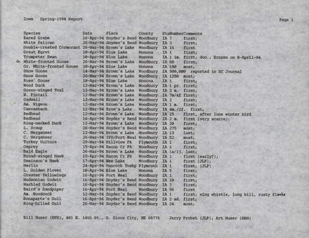 An annotated list of birds sighted by Bill Huser and two others. This item was used as supporting documentation for the Iowa Ornithologists' Union Quarterly field report of Spring 1994.