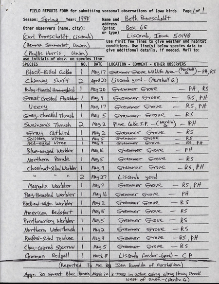 An annotated list of birds sighted by Beth Proescholdt and three others. This item was used as supporting documentation for the Iowa Ornithologists' Union Quarterly field report of Spring 1994.
