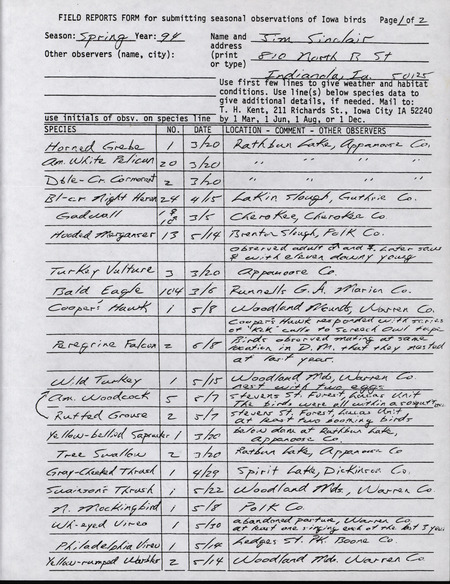 An annotated list of birds sighted by Jim Sinclair. This item was used as supporting documentation for the Iowa Ornithologists' Union Quarterly field report of Spring 1994.