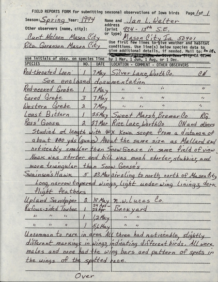 An annotated list of birds sighted by Jan Walter and two others. This item was used as supporting documentation for the Iowa Ornithologists' Union Quarterly field report of Spring 1994.