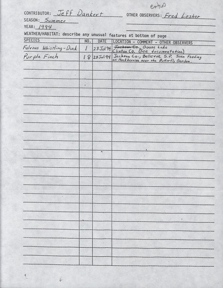 An annotated list of birds sighted by Jeff Dankert and Fred Lesher. This item was used as supporting documentation for the Iowa Ornithologists' Union Quarterly field report of Summer 1994.