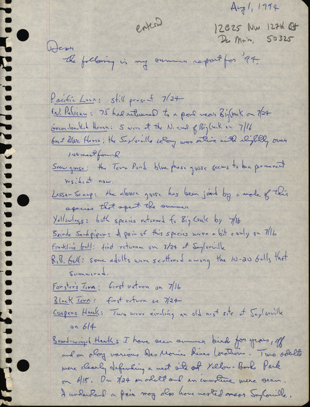 An annotated list of birds sighted by Bery Engebretsen dated August 1, 1994. This item was used as supporting documentation for the Iowa Ornithologists' Union Quarterly field report of Summer 1994.