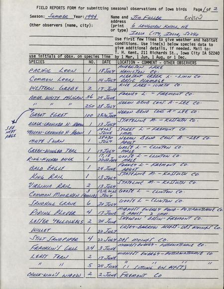 An annotated list of birds sighted by Jim Fuller. This item was used as supporting documentation for the Iowa Ornithologists' Union Quarterly field report of Summer 1994.