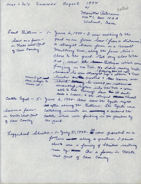 An annotated list of birds sighted by Marietta Petersen. This item was used as supporting documentation for the Iowa Ornithologists' Union Quarterly field report of Summer 1994.