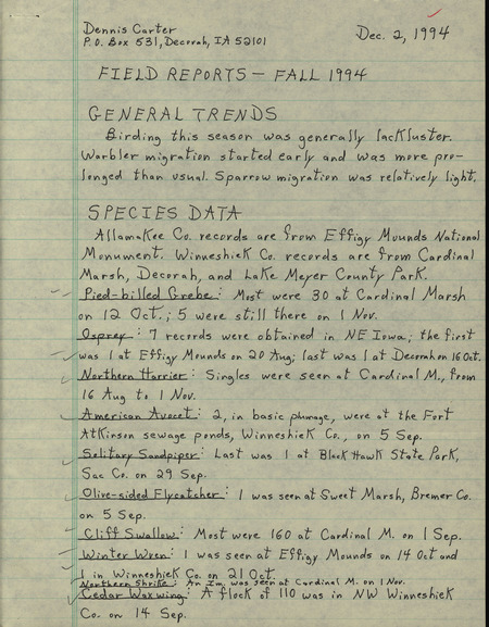 An annotated list of birds sighted by Dennis Carter dated December 2, 1994. This item was used as supporting documentation for the Iowa Ornithologists' Union Quarterly field report of fall 1994.