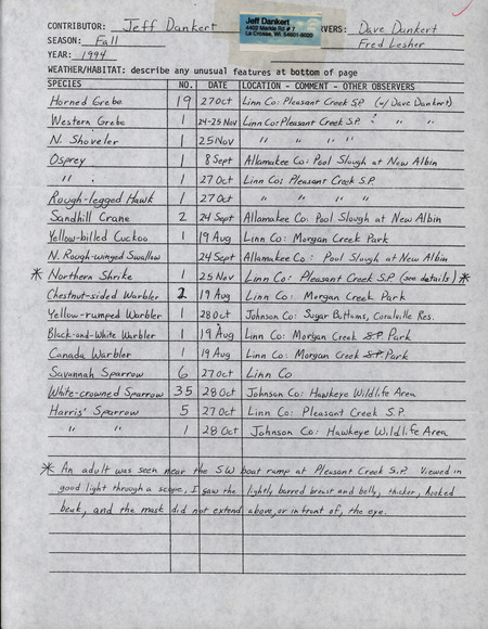 An annotated list of birds sighted by Jeff Dankert and two others. This item was used as supporting documentation for the Iowa Ornithologists' Union Quarterly field report of fall 1994.